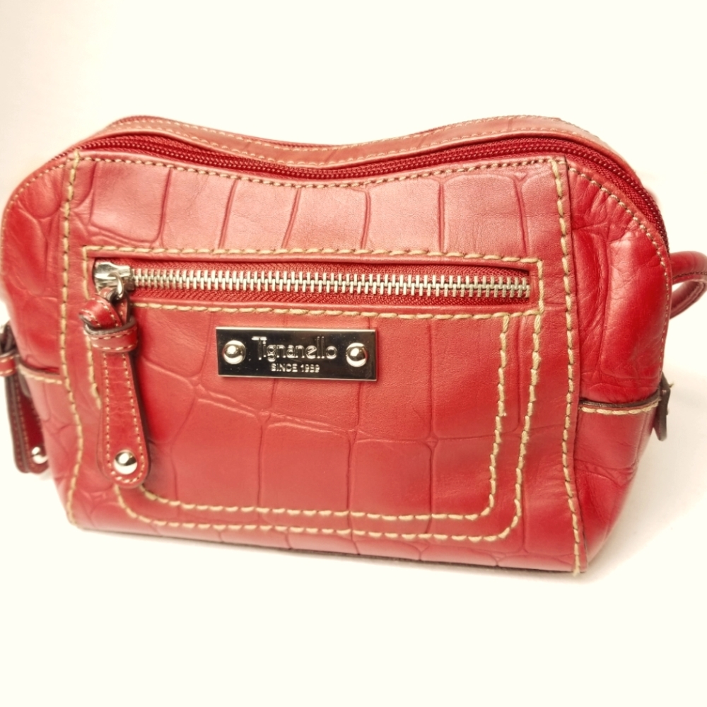 Tignanello Brick Red Leather Croc Style Embossed Zip Around Crossbody Bag